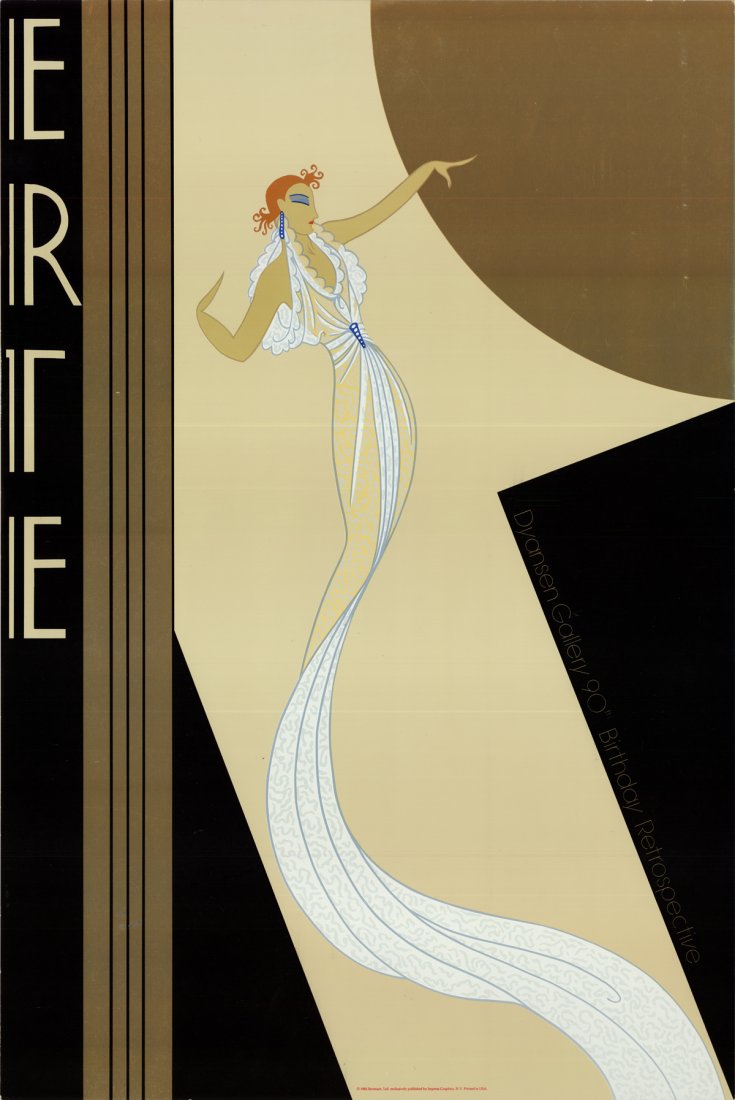 1982 Erte Dyansen Gallery 90th Birthday Serigraph: Reference #: ULCB1203 Artist Name: Erte Title: Dyansen Gallery 90th Birthday Retrospective Medium: Serigraph Edition Size: Unknown Year: 1982 Framed: No Paper Size: 30 x 20 inches Image Size: 30 x 20
