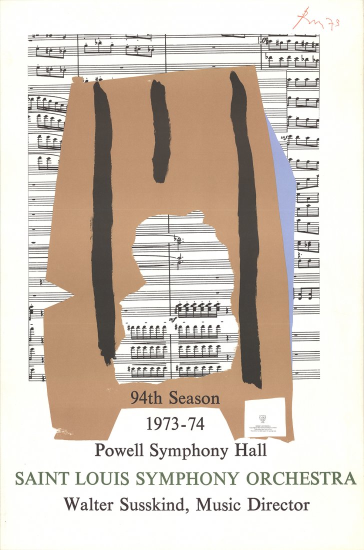 1973 Motherwell St Louis Symphony Lithograph: Reference #: ULGH1039 Artist Name: Motherwell, Robert Title: St Louis Symphony Medium: Lithograph Edition Size: 2000 Year: 1973 Framed: No Paper Size: 37.75 x 25 inches Image Size: 37.75 x 25 inches C