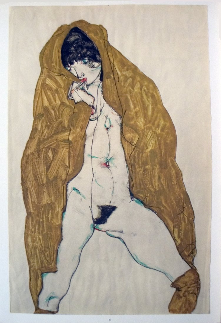 1968 Schiele Upright Nude w/ Spread Legs Poster: Reference #: ULXX8689 Artist Name: Schiele, Egon Title: Upright Nude with Spread Legs and Yellow-Brown Shawl Medium: Offset Lithograph Edition Size: Unknown Year: 1968 Framed: No Paper Size: 19.5 x 13
