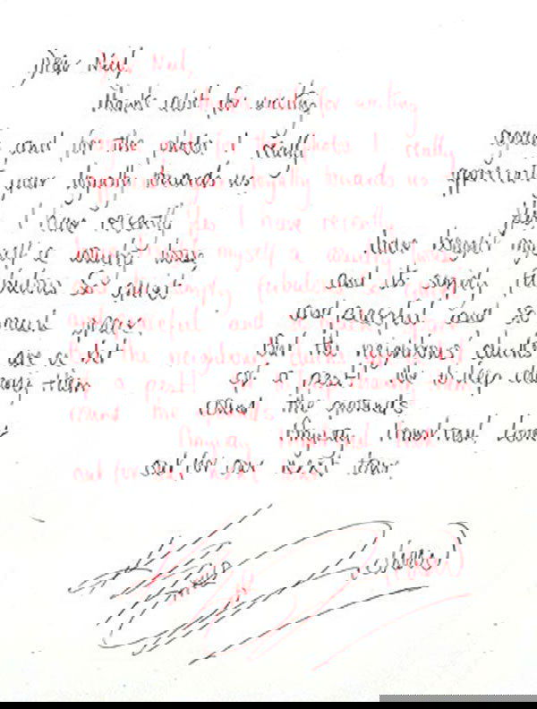 85 - Keith Richards handwritten letter: Keith Richards handwritten letter to a fan named Neil Keith Richards handwritten letter to a fan named Neil (undated but probably 1964 / early 1965), in red pen reading Dear Neil, Thanks a lot for wri