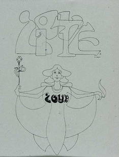 6 - LOVE, IT mag cover artwork - NO RESERVE: International Times 'LOVE' cover artwork by Paul Nicholas, 1969 Underground graphics, signed by Paul Nicholas on the reverse. SOLD WITH NO RESERVE. Measures approx. 8 x 10 inch. Upon bidding