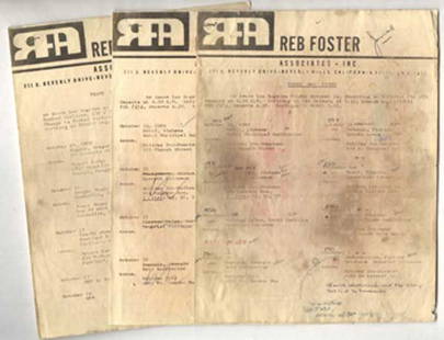 18 - Concert itinerary for 'Three Dog Night': Concert itineraries for the band Three Dog Night (x3) Three original mimeographed copies of American tour itineraries on two pages for Three of Night, on RFA Reb Foster Associates Inc. headed