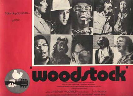 22 - Woodstock Mexican film lobby card, 1970: Mexican 'Woodstock' film lobby card, 1970 Measures approx. 16.5 x 12.5 inch. (42 x 32 cm) Upon bidding it will be deemed that you have read and fully understood Cooper Owen's Terms and Conditions