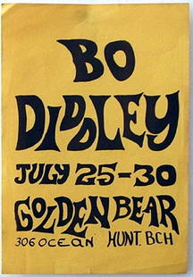 24 - Eleven Bo Diddley concert posters: Original Bo Diddley at the Golden Bear concert posters (x 11) A quantity of original promotional posters for Bo Diddley July 25 - 30 Golden Bear 306 Ocean Hunt. Beach, black ink on orange stock.