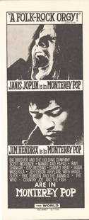 Montery Pop flyer: Monterey Pop flyer, circa 1967 A black and white flyer reading "A Folk-Rock Orgy!" Janis Joplin is in Monterey Pop Jimi Hendrix is in Monterey Pop, listing other performers. Upon bidding it will