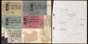 Windsor Festival Ticket Artwork: Windsor Festival tickets artwork, 1966 A collection of five proof tickets for the 6th National Jazz & Blues Festival Windsor 29th, 30th & 31st July, 1966 There is one ticket for the Saturday