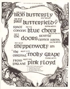 11*: 1968 Doors / Pink Floyd Seattle psychedelic ad: 1968 Seattle psychedelic rock concert advertisement including Iron Butterfly, Butterfield Blues Band, The Doors, Pink Floyd and Steppenwolf Listing performances at the Eagle Auditorium, artwork by