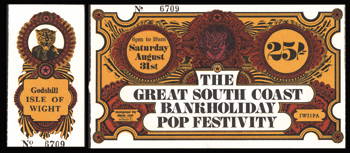 Isle of Wight concert ticket: Unused ticket for the Isle of Wight Festival, Saturday 31st August 1968 A complete ticket for The Great South Coast Bank Holiday Pop Festivity Godshill, Isle of Wight. Designed by David Roe. Stub