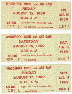 Woodstock Day Tickets, 1969: Three unused Woodstock day tickets, 1969 Three individual tickets for the Friday, Saturday and Sunday concerts. Each ticket accompanied by a letter of authenticity. Upon bidding it will be