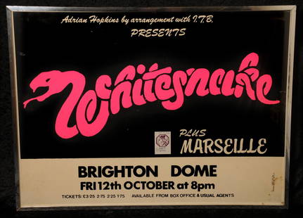 Whitesnake: concert poster, Brighton Pavilion, 1986: Adrian Hopkins by arrangement with ILP presents Whitesnake at Brighton Dome Fri 12th October, framed and glazed 104cm x 79cm