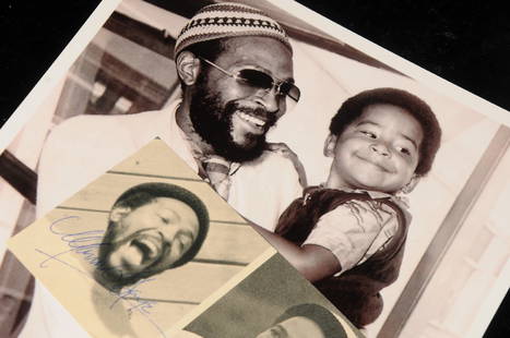 Marvin Gaye: signed clipping & 8 x 10 press photograph: clipping of two headshots signed in blue ink and 8 x 10 candid press shot