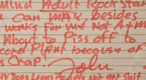 The Beatles / John Lennon: handwritten note to Phil: The Beatles / John Lennon: handwritten note to Phil Spector by John Lennon single sheet note on lined paper in John Lennon's own hand regarding the damage caused in Capitol Studios, in red felt tip, s