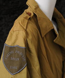 Film: Saving Private Ryan cast & crew jacket: Film: Saving Private Ryan (1998): military style cast and crew jacket, a cotton khaki jacket with shield patch on left arm 'Saving Private Ryan 1997', with button fasteningGiven to the cast and crew
