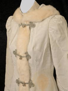 Lulu: white silk wedding outfit from wedding to Maurice: comprising a fitted mini-dress, made of white watered silk, with a high neck and long sleeves which slips into a matching sleeveless Cossack-style ankle length hooded wedding coat trimmed in ivory