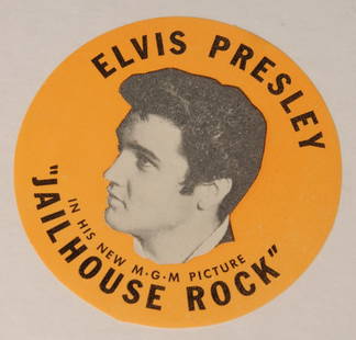 Elvis Presley: 'Jailhouse Rock' promo sticker and: promo sticker for Elvis Presley in his new M.G.M. picture "Jailhouse Rock" with black and white photo of Elvis in profile together with the only existing file copy of a letter dated 22nd November