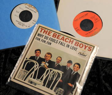 Three 45s by the Beach Boys: Beach Boys: three 45s, including 'Why Do Fools Fall in Love' / 'Fun Fun Fun' picture sleeve Capitol Records 5118, 'Graduation Day' / 'Be True to Your School' Capitol Stereo P-4334 promo disk and
