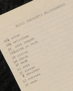 Elvis Presley: measurements for costume, 1956: Elvis Presley: measurements for movie and stage costume, 1956 Trude Forsher's original type written memo noting Elvis' measurements, the original office reference copy which she kept for wardrobe