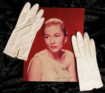 Joan Fontaine (1917-2013) American Actress, pair of: Joan Fontaine (1917-2013) American Actress, pair of personally owned and worn white gloves with an autographed photograph, white kid leather gloves donated by Joan for the 'Seeing the Stars Charity