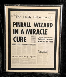 The Who: Tommy prop The Daily Information newspaper,: The Who: Tommy prop The Daily Information newspaper, 1975, original prop newspaper with headline 'Pinball Wizard in a Miracle Cure', glazed, framed