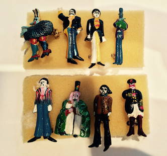 Set of eight pin badges depicting The Beatles: Set of eight unworn Yellow Submarine pin badges depicting The Beatles in different outfits originally purchased by vendor's father from The Cavern Club in Liverpool 1968