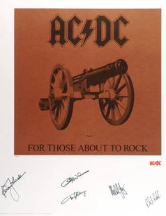 AC/DC - Signed Graphic Art: *AC/DC signed limited edition 'For Those About To Rock' lithograph, 1982 Numbered 399/500 Signed by the band in black marker pen Brian Johnson, Angus Young, Malcolm Young, Phil Rudd and Cliff