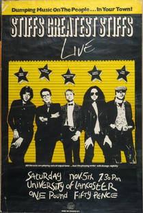 The Stiffs Elvis Costello poster: The Stiffs / Elvis Costello concert poster An original promo poster for Stiffs Greatest Stiffs Live on Saturday Nov. 5th at University of Lancaster. Measures approx. 20 x 30 inch (51 x 76 cm)