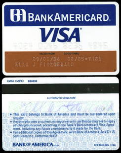 *Ella Fitzgerald credit card: *Ella Fitzgerald's VISA credit card Ella's BankAmericard / VISA card, valid from 09/01/84 to 08/85 signed on the signature strip in blue ballpoint pen. Please note this lot is subject to 5% UK