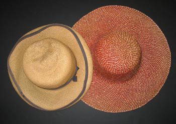 Greta Garbo owned hats: *A pair of hats worn by Greta Garbo Two straw hats, one with brown bow detail and trim labelled Hat Attack New York the other a wide-brimmed red sun hat (faded) both owned and worn by the