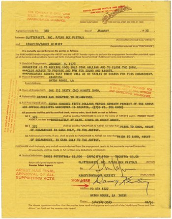 Sex Pistols John Lydon signed contract, 1978