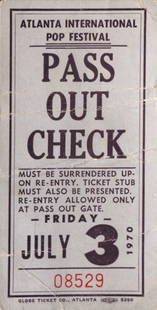 BB King/Jethro Tull Atlanta Pop Festival pass 70: A' Pass Out Check' for the Atlanta International Pop Festival, 3 July 1970 Pass Out Check for the first day of the second annual festival at Middle Georgia Raceway, Cry of Love headlined the