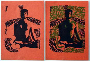 Ambassador TheaterPeanut Butter Conspiracy poster: Two Ambassador Theater posters Peanut Butter Conspiracy / Mandrake Memorial July 28th and 29th, 1967 Two posters, one a finished black and green printed version on orange ground the other,