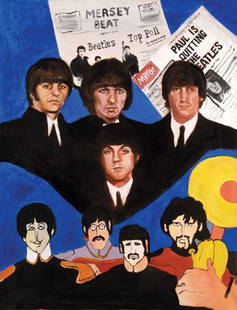 The Beatles original painting by James Wilkinson: The Beatles, an original painting titled 'Beatle1' by James Wilkinson acrylic on canvas. Framed. James Wilkinson In 1999 after a ten-year absence James Wilkinson began painting again. His work is