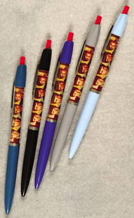 The Beatles ballpoint pens, 1960s: A selection of different coloured plastic Beatles ballpoint pens, 1960s Five different coloured plastic Danish merchandising ballpoint pens, each featuring a head and shoulder photo of each Beatle