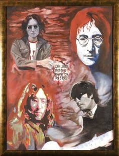 John Lennon, original painting by James Wilkinson: John Lennon, original painting titled 'Lennonandon' by James Wilkinson oil on canvas includes mixed media. This painting was first exhibited at the "Into the fire"exhibition in 2003. Framed James