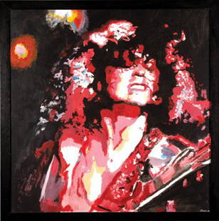 Marc Bolan original painting by James Wilkinson: Marc Bolan, an original painting titled 'Red and White Swan' by James Wilkinson with separate Marc Bolan signature acrylic on canvas, together with a print of the painting framed with a Marc Bolan