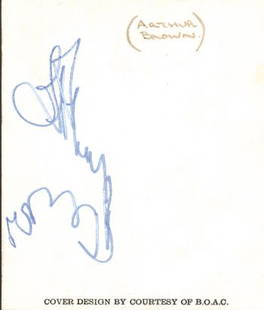 Arthur Brown autograph: Arthur Brown autograph A cut BOAC complimentary slip signed Arthur Brown in blue ink. The page has additional handwriting detailing the specific persons signature. Measures approx. 3 x 4 inch (8 x