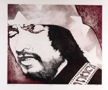 Bob Dylan David Oxtoby proof print: Bob Dylan David Oxtoby proof print A colour proof print titled Dylan. Signed and dated by the artist David Oxtoby 1977 in the lower margin. Measures approx. 26 x 24 inch (66 x 61 cm) Upon bidding