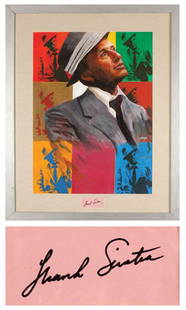 Frank Sinatra original painting w/ signature: Frank Sinatra, original painting titled 'One For My Baby' by James Wilkinson, together with separate Sinatra signature acrylic on canvas. Together with a Frank Sinatra signature. This painting was