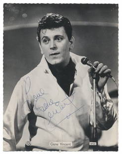 Gene Vincent signed photo: Gene Vincent signed promo photograph A black and white photograph of Gene Vincent signed in a blue ballpoint Love Gene Vincent. Measures approx. 6 x 8 inch. (15 x 20 cm) Upon bidding it will be