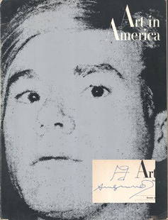 Andy Warhol signed Art Mag with sketch: Andy Warhol signed 'Art In America' periodical A copy of the magazine published May/June 1971 featuring Warhol on the cover signed in blue felt tip pen Andy Warhol. Upon bidding it will be deemed