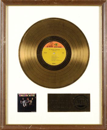 Jimi Hendrix 'Smash Hits' white matte sales award: Jimi Hendrix - Gold RIAA white matte sales award for the album 'Smash Hits'