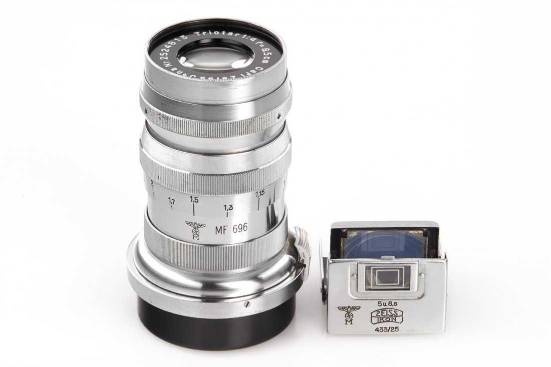 Carl Zeiss Jena Triotar 4/8.5cm 'German Navy', c.1940,: Contax lens engraved for the German Navy (Marine) with eagle, swastika, M and 'MF696', with matching folding viewfinder 433/25 with 5cm and 8.5cm frames, also engraved with eagle, swastika and 'M', bo