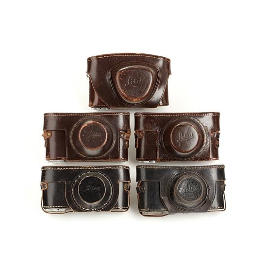 Leitz Everready Cases: two ESFAB ever-ready cases (for Leica III with rigid Summar), two rare black ESFUS ever-ready cases (for Leica IIIc with Summitar), ENSOO ever-ready case (for Leica IIIg with Summarit) (5)