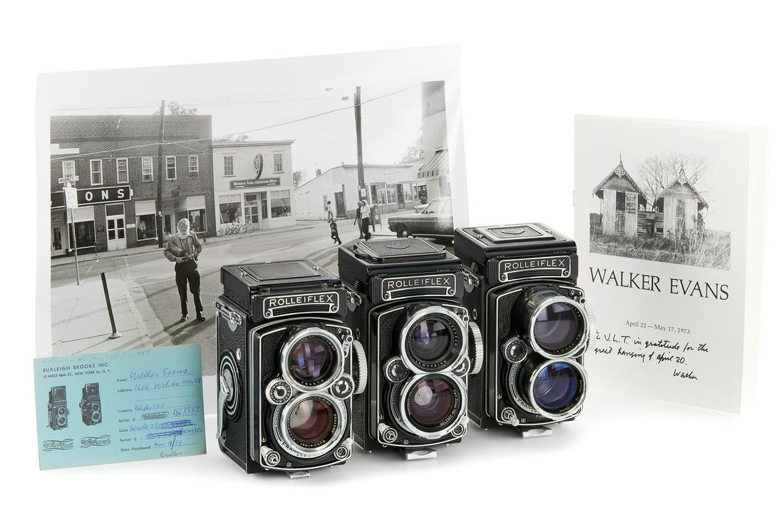 Walker Evans Rolleiflex outfit *: Set Of Three Rolleiflex Cameras, Owned And Used By The Famous U.S. Photographer Walker Evans. The Outfit Includes A Rolleiflex E No.1663337, A Tele-Rolleiflex No.S2302105 And Rolleiflex Wide No.W24911