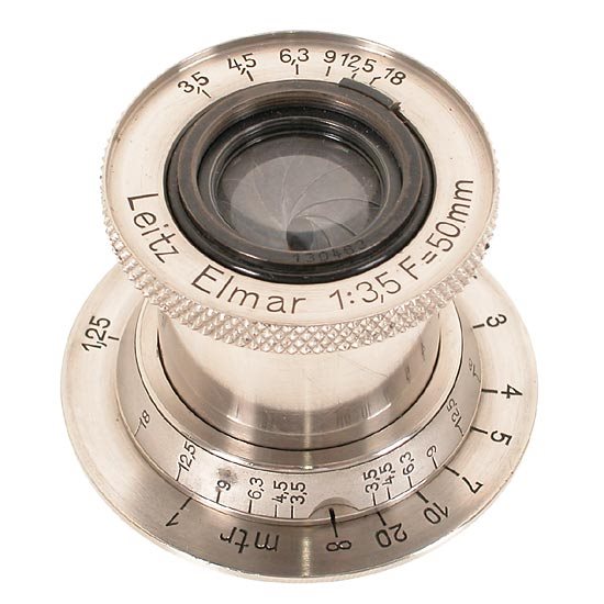 LEICA Screw Mount-Lenses: Elmar 3.5/50mm nickel: coupled 11°° Elmar 50mm, for Leica IC, very early version in good condition (Condition: B, Serial no: 130463, 1931) LEICA M39-Objektive: Elmar 3,5/50mm Nickel Sehr frühes gekuppeltes, 11°° Elmar
