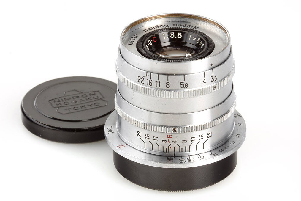 Nikkor-Q.C 3.5/5cm: very rare, rigid lens with Leica screw mount, close focus to 1.5 feet, in very good condition, both caps