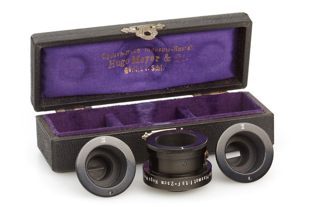 Hugo Meyer Agfacolor for Kino Plasmat: very rare Agfacolor filter for Kino Plasmat 1.5/2.5cm with three different inserts, all in fitted original box with purple velvet inlet