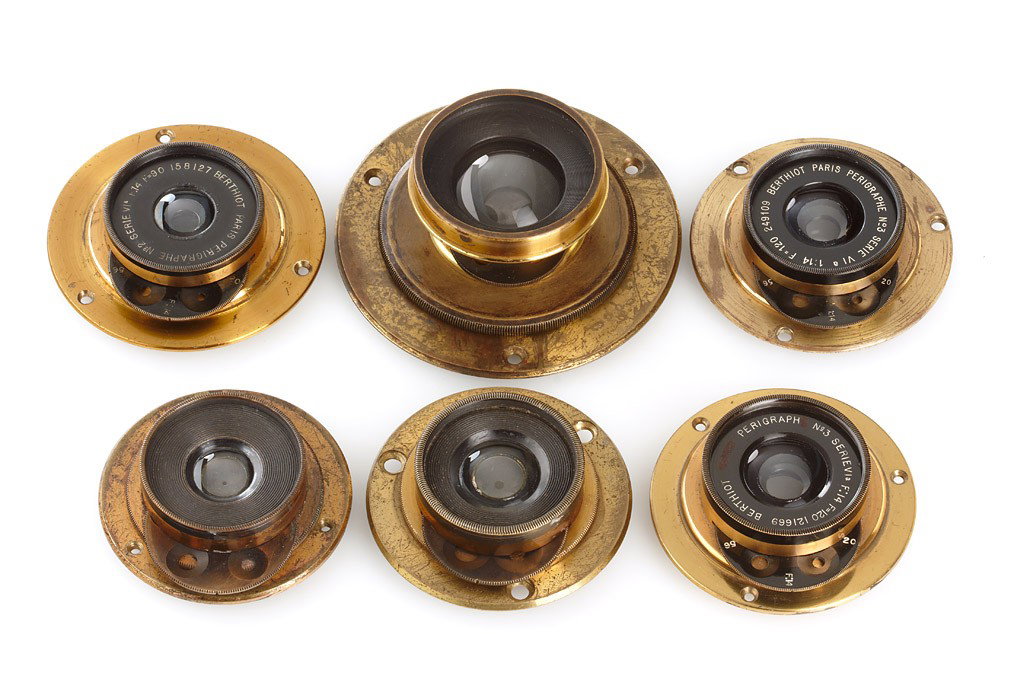 Berthiot Perigraphe Lenses (various): set of 5 Perigraphe lenses: (1) C.Berthiot Perigraphe Anastigmatique Symetrique No.2 no.29447, (2) Lacour Berthiot Perigraphe Anastigmatique Symetrique No.3 no.31498, (3) Berthiot Paris Perigraphe No.