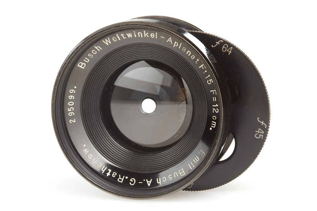 Busch Weitwinkel-Aplanat 15/12cm: rare black painted brass Aplanat with rotating iris disc, clean lenses