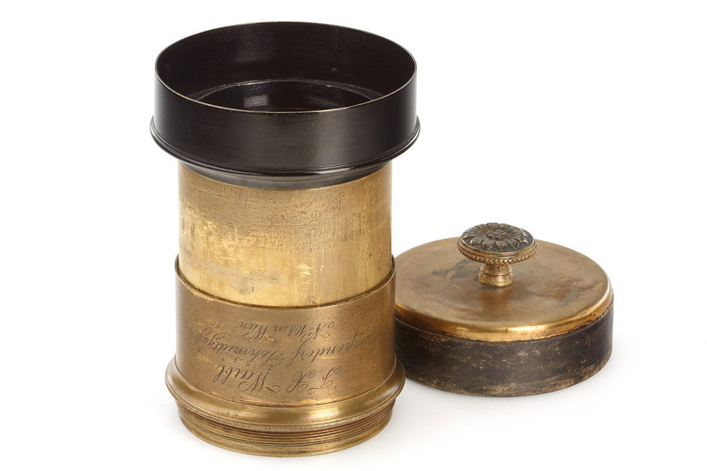 Franz Xaver Waibl Petzval Lens: very rare brass Petzval lens by Franz Xaver Waibl (Austria), he worked with Dietzler and Petzval around 1850 (clean lenses), rack and pinion focusing (damaged), barrel engraved 'F.X. Waibl Gumpendorf 